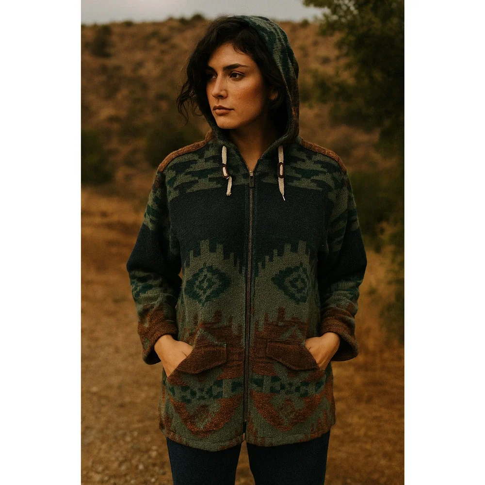 Vintage Woolrich Woman Southwestern Aztec Blanket Style Jacket Zip Hooded Medium - Picture 16 of 16